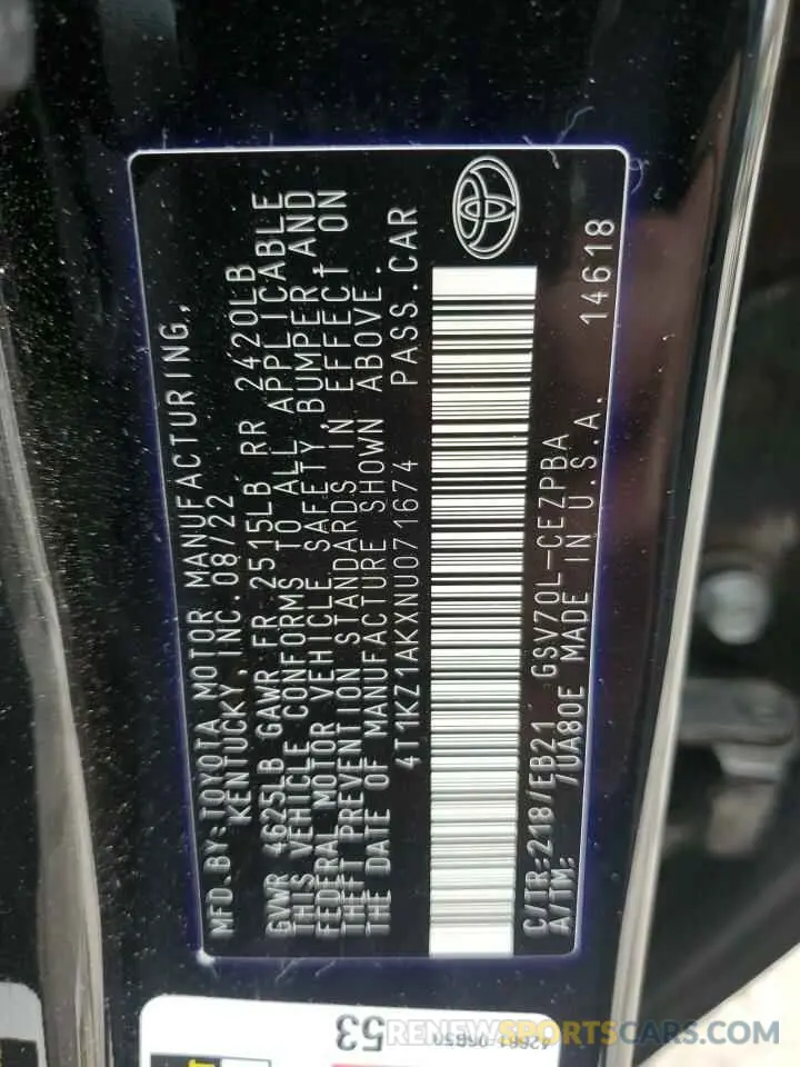 13 fotografías del automóvil dañado 4T1KZ1AKXNU071674 TOYOTA CAMRY 2022
