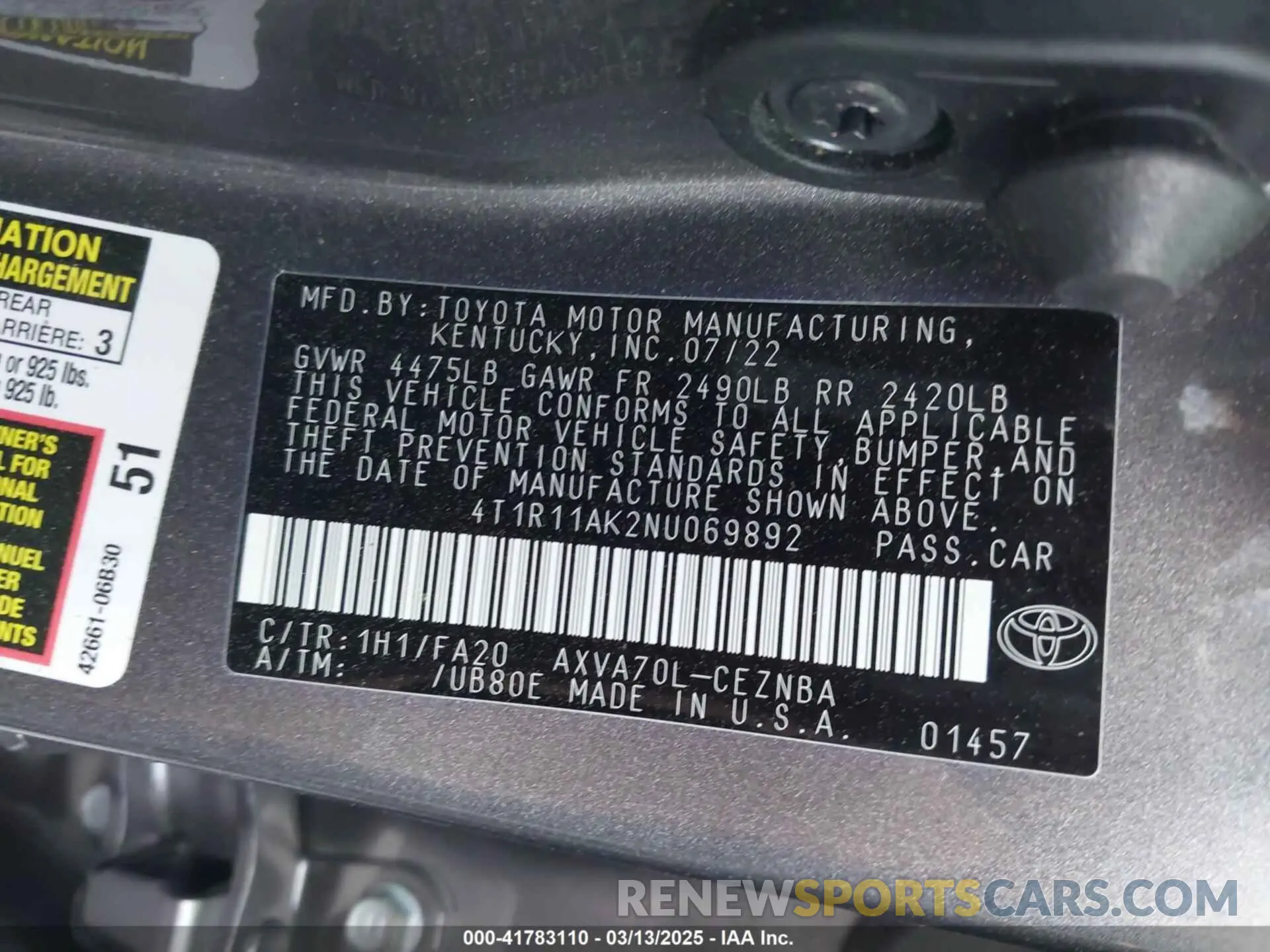 9 fotografías del automóvil dañado 4T1R11AK2NU069892 TOYOTA CAMRY 2022