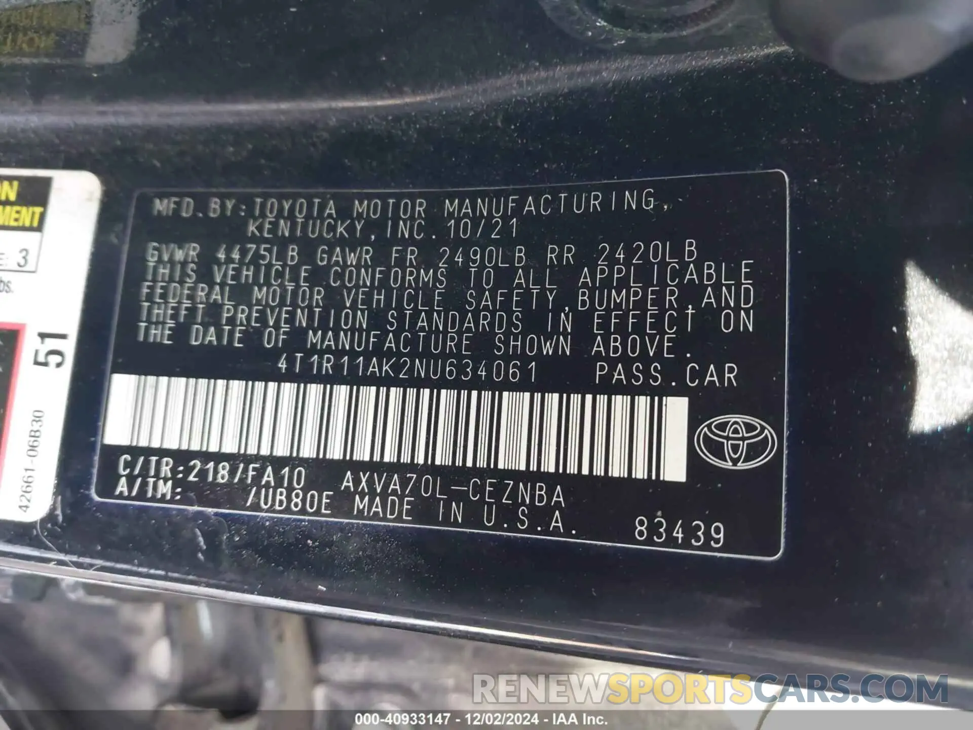 9 fotografías del automóvil dañado 4T1R11AK2NU634061 TOYOTA CAMRY 2022