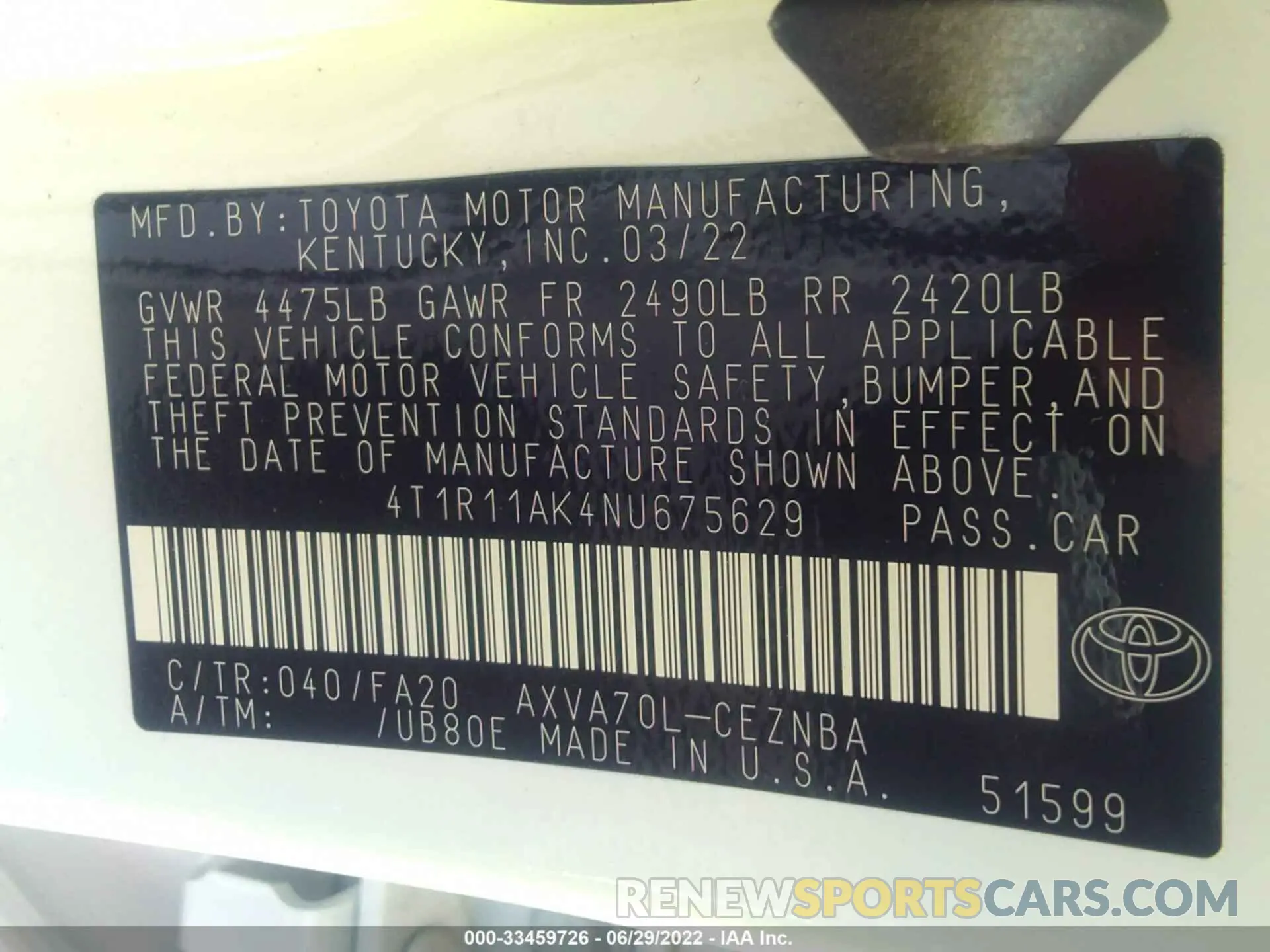 9 fotografías del automóvil dañado 4T1R11AK4NU675629 TOYOTA CAMRY 2022