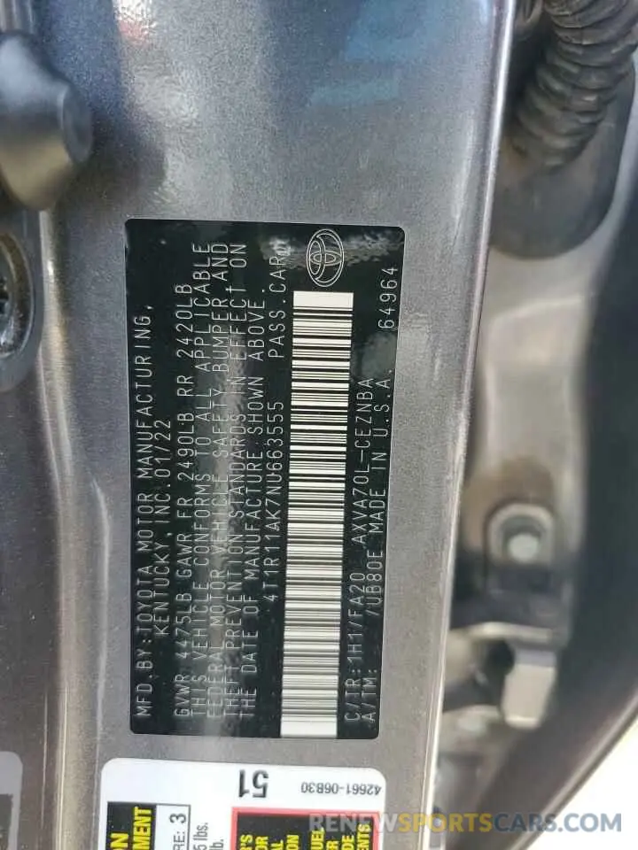 12 fotografías del automóvil dañado 4T1R11AK7NU663555 TOYOTA CAMRY 2022