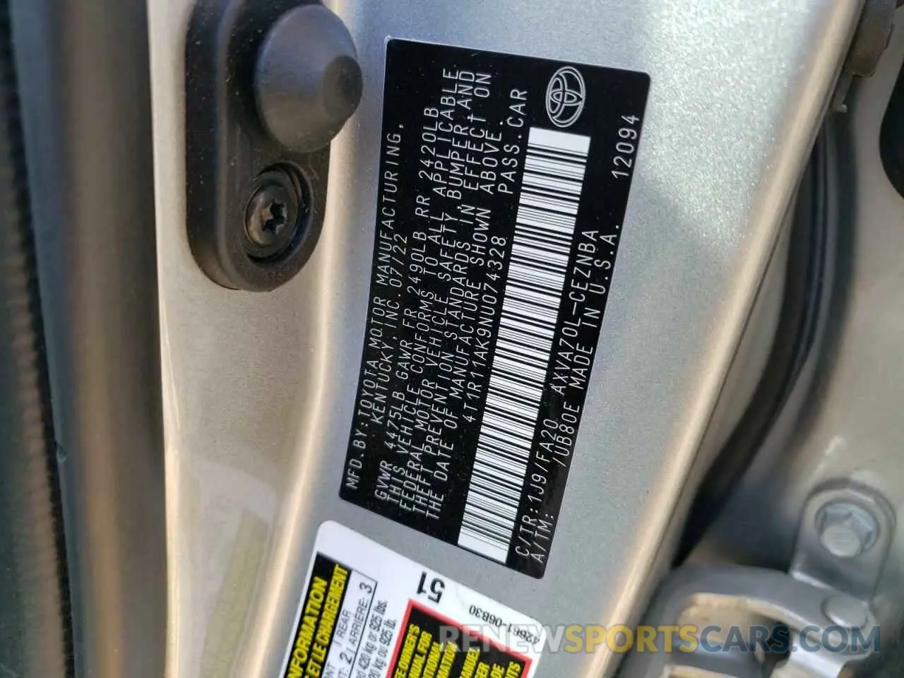 14 fotografías del automóvil dañado 4T1R11AK9NU074328 TOYOTA CAMRY 2022