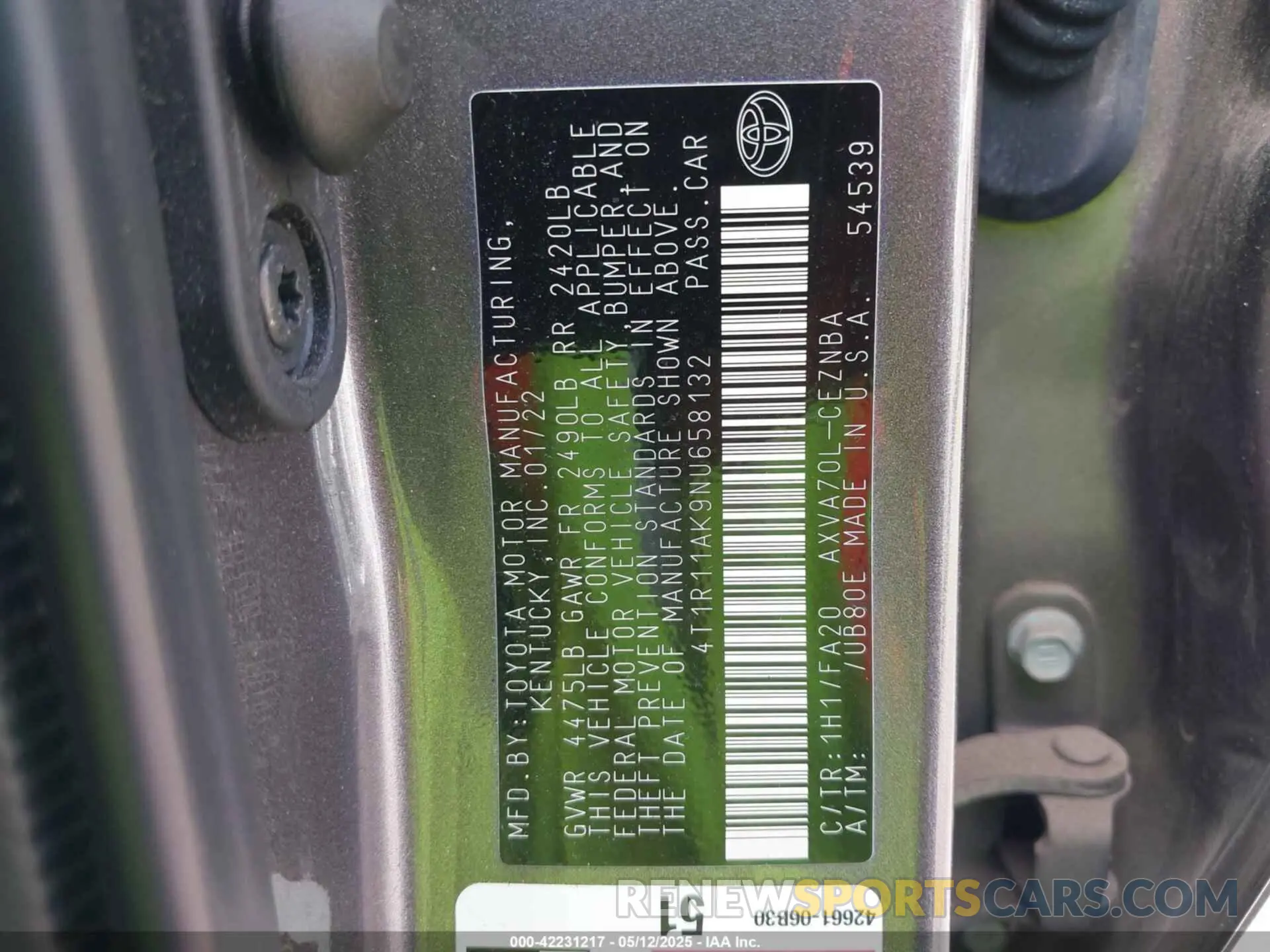 9 fotografías del automóvil dañado 4T1R11AK9NU658132 TOYOTA CAMRY 2022