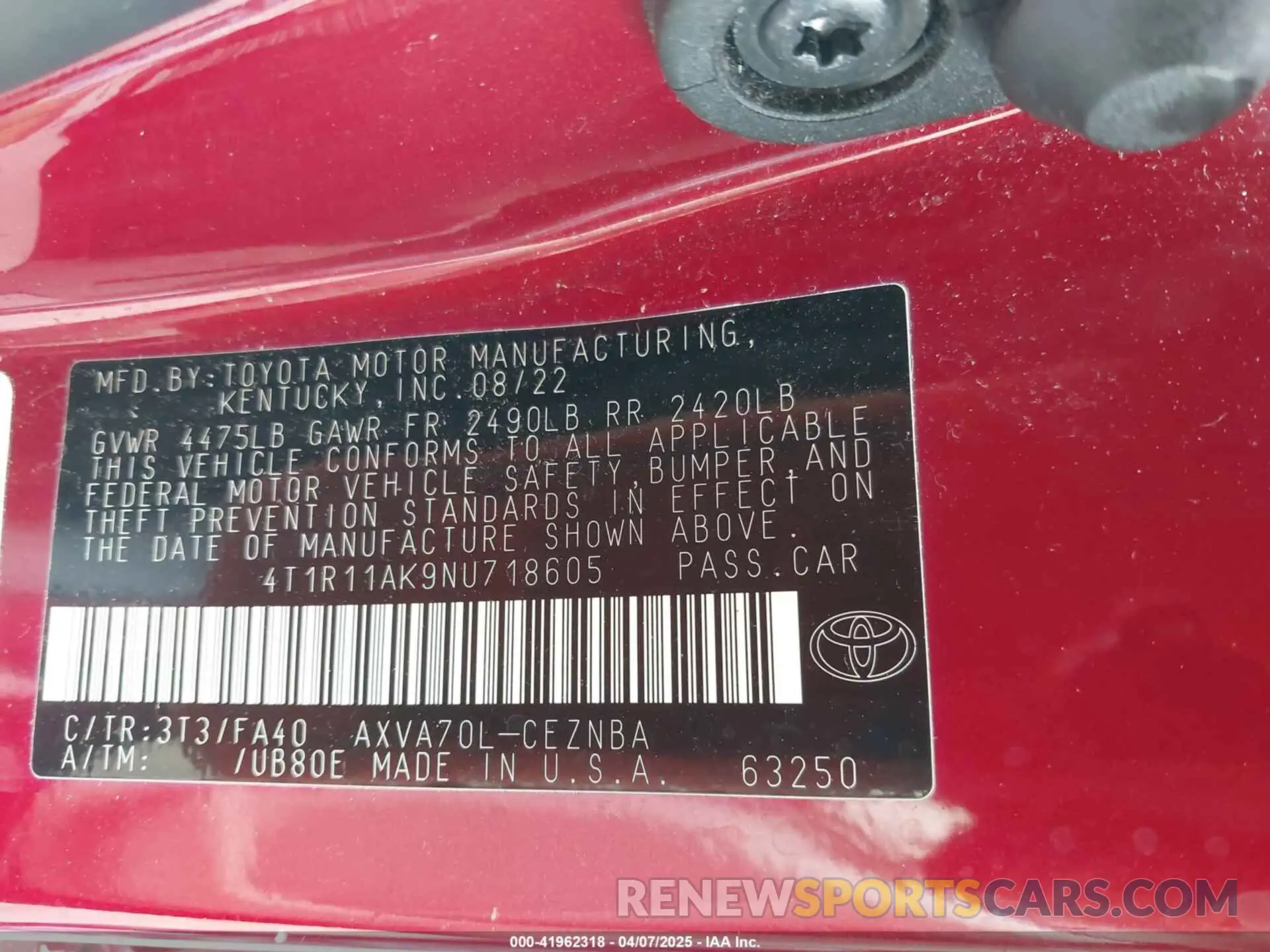 9 fotografías del automóvil dañado 4T1R11AK9NU718605 TOYOTA CAMRY 2022