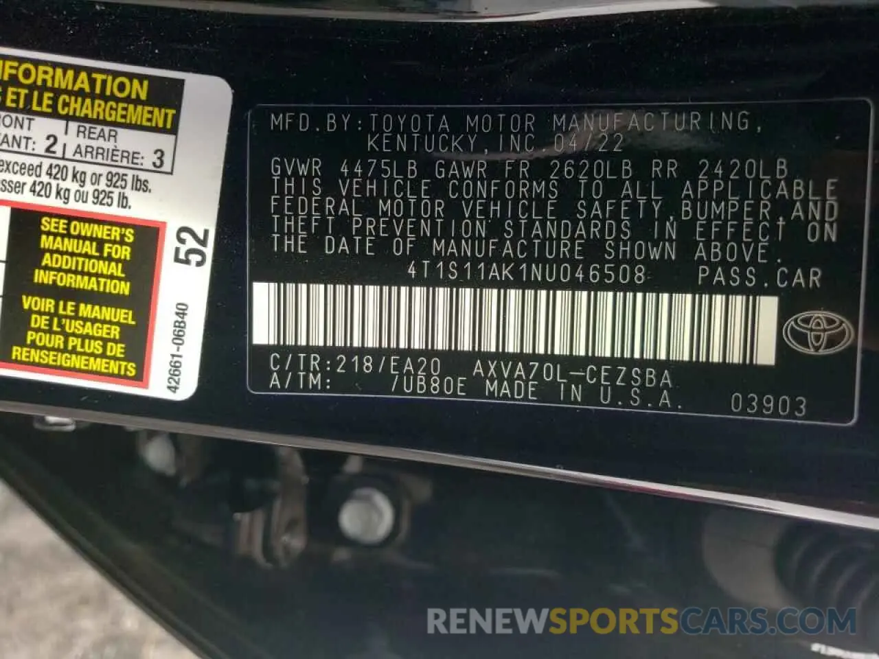 10 fotografías del automóvil dañado 4T1S11AK1NU046508 TOYOTA CAMRY 2022