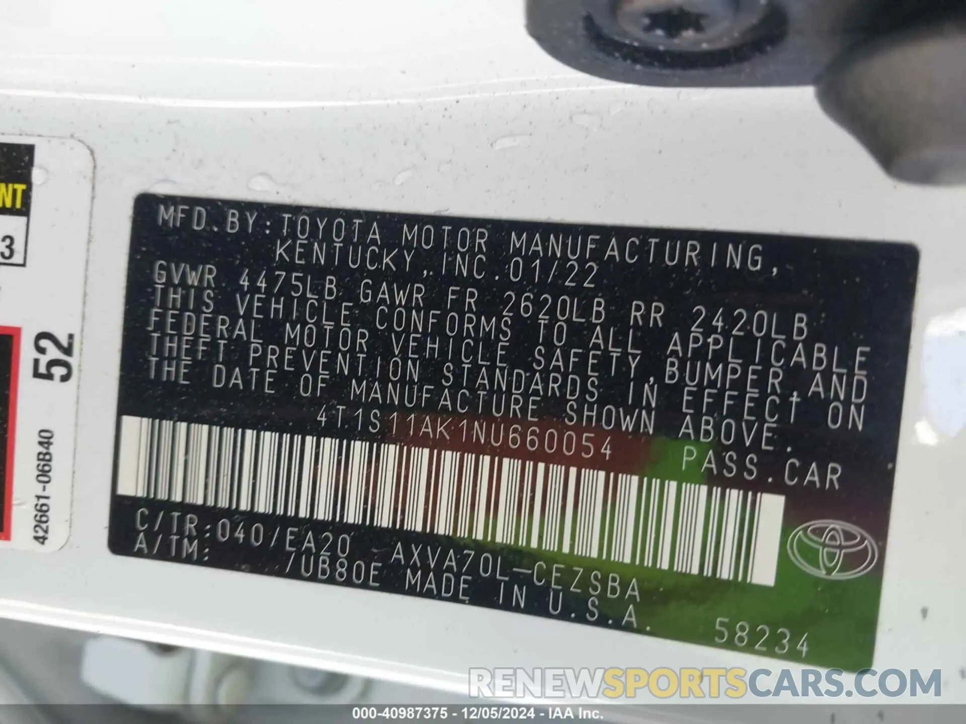 9 fotografías del automóvil dañado 4T1S11AK1NU660054 TOYOTA CAMRY 2022