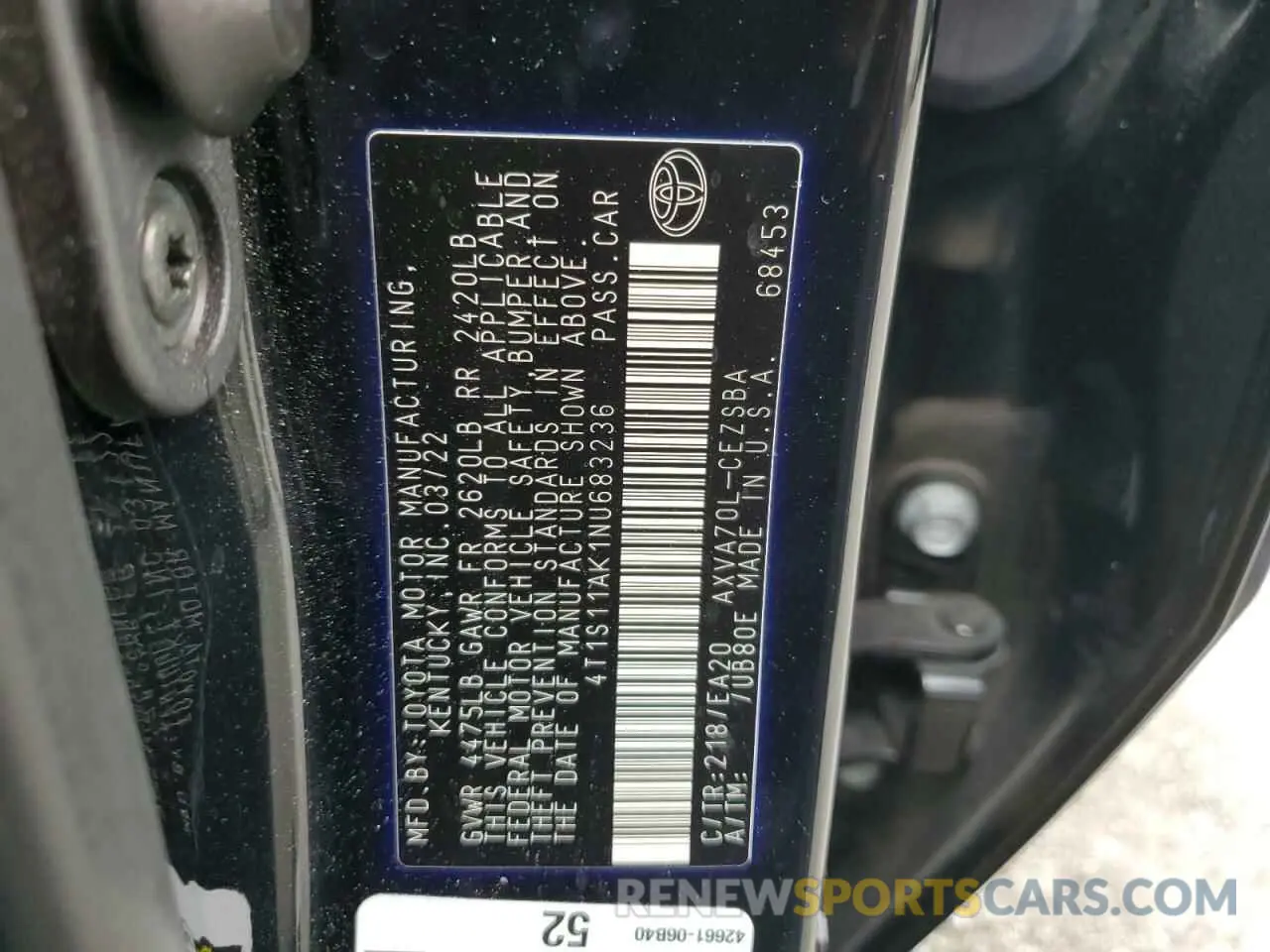12 fotografías del automóvil dañado 4T1S11AK1NU683236 TOYOTA CAMRY 2022