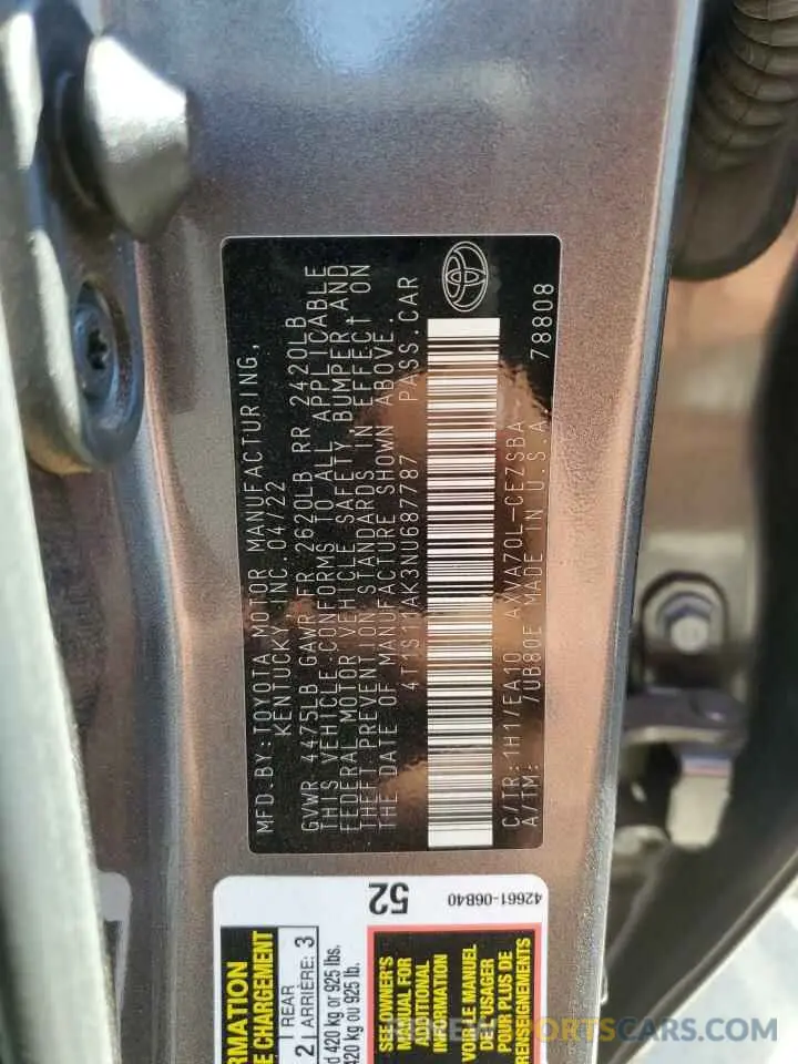 12 fotografías del automóvil dañado 4T1S11AK3NU687787 TOYOTA CAMRY 2022