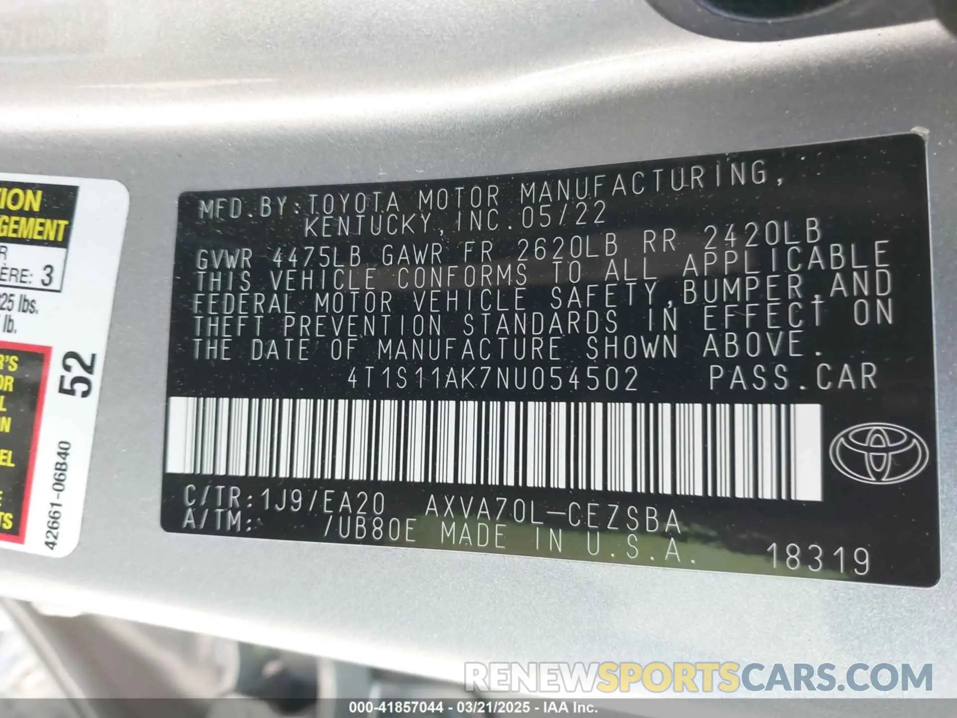 9 fotografías del automóvil dañado 4T1S11AK7NU054502 TOYOTA CAMRY 2022