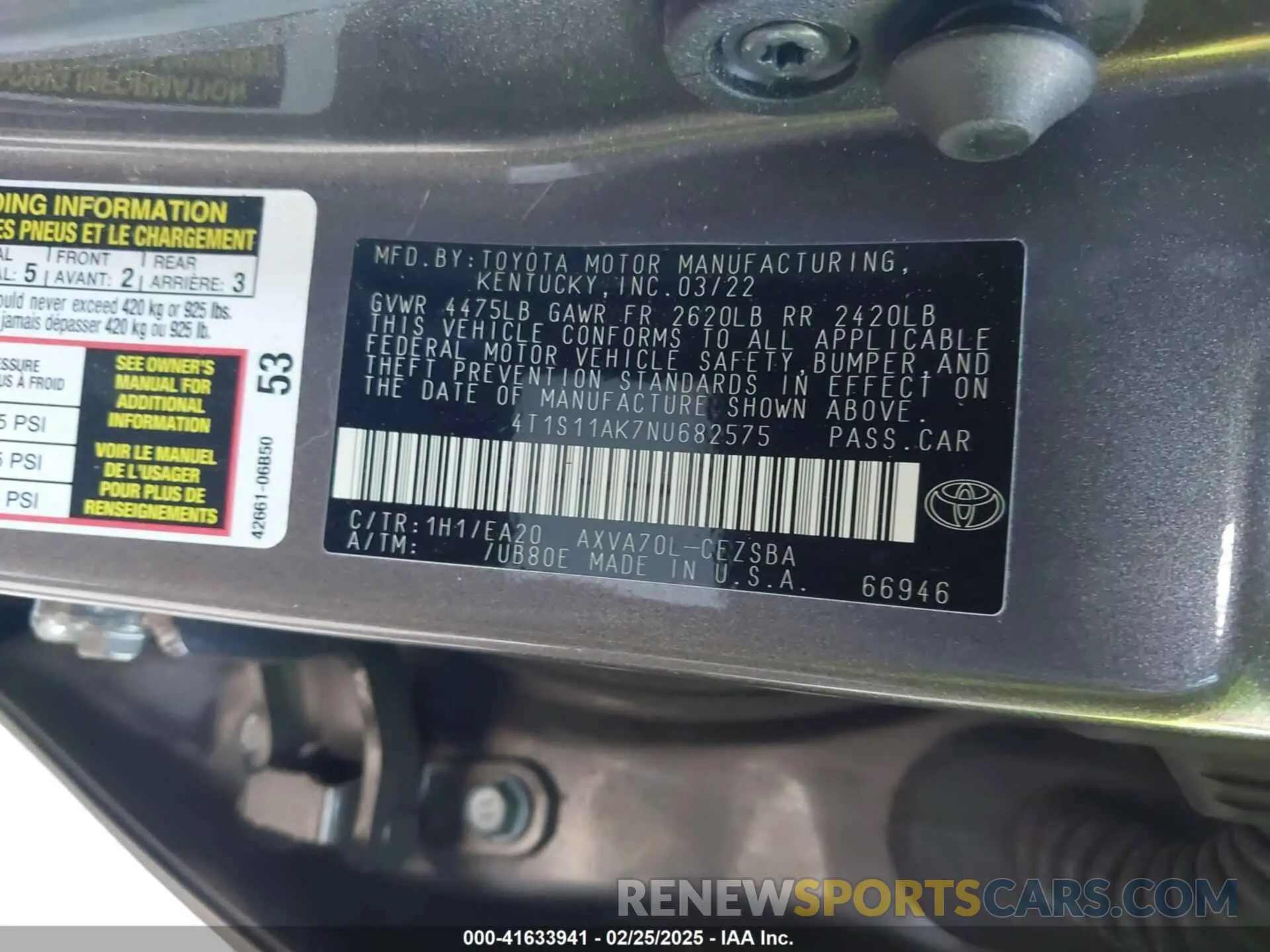 9 fotografías del automóvil dañado 4T1S11AK7NU682575 TOYOTA CAMRY 2022