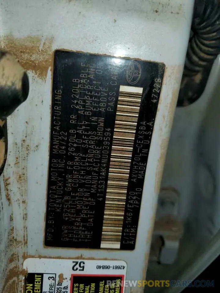 13 fotografías del automóvil dañado 4T1S31AK4NU039594 TOYOTA CAMRY 2022