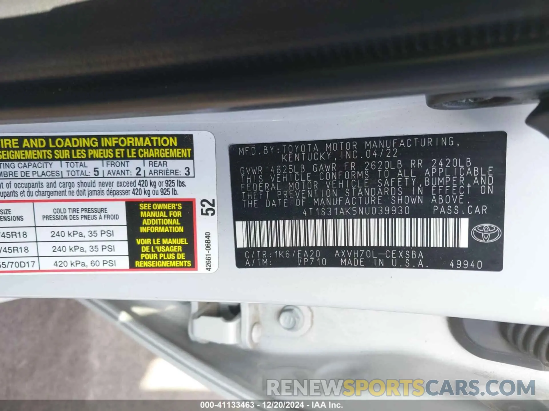 9 fotografías del automóvil dañado 4T1S31AK5NU039930 TOYOTA CAMRY 2022