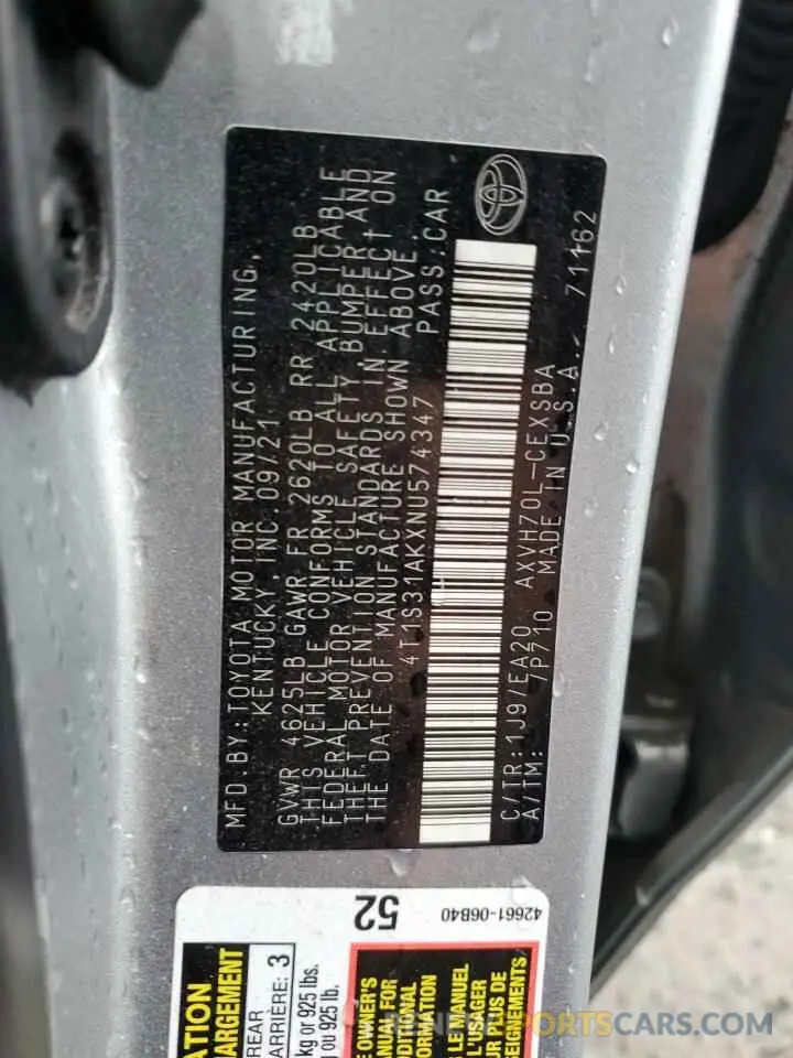 12 fotografías del automóvil dañado 4T1S31AKXNU574347 TOYOTA CAMRY 2022