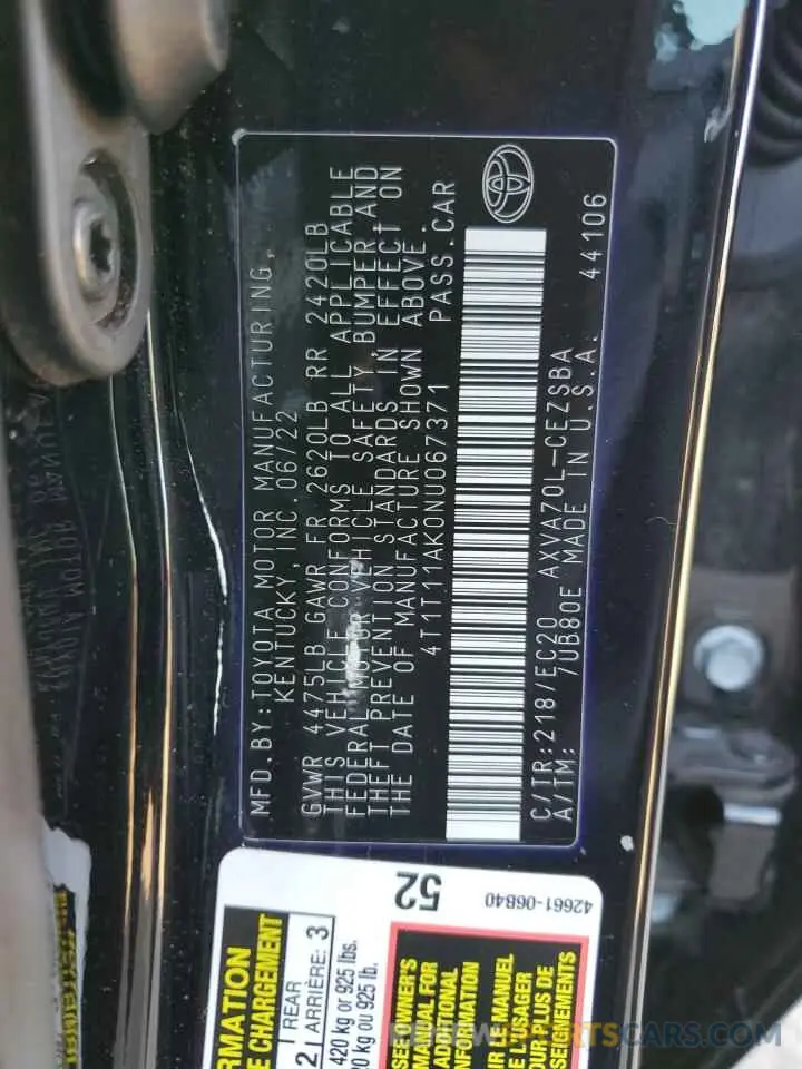 12 fotografías del automóvil dañado 4T1T11AK0NU067371 TOYOTA CAMRY 2022