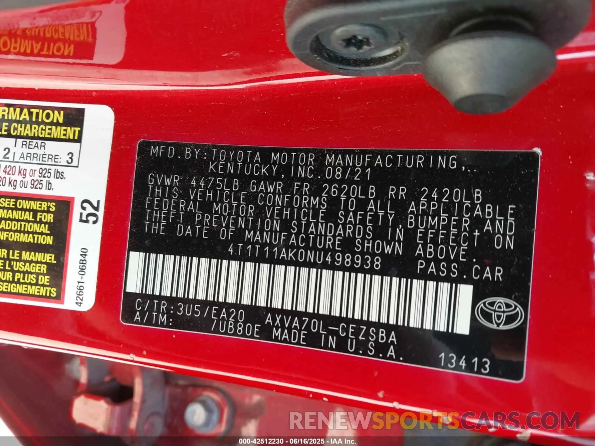 9 fotografías del automóvil dañado 4T1T11AK0NU498938 TOYOTA CAMRY 2022