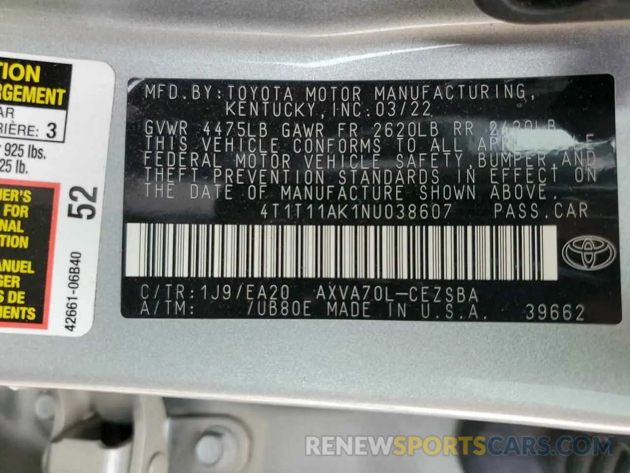 13 fotografías del automóvil dañado 4T1T11AK1NU038607 TOYOTA CAMRY 2022