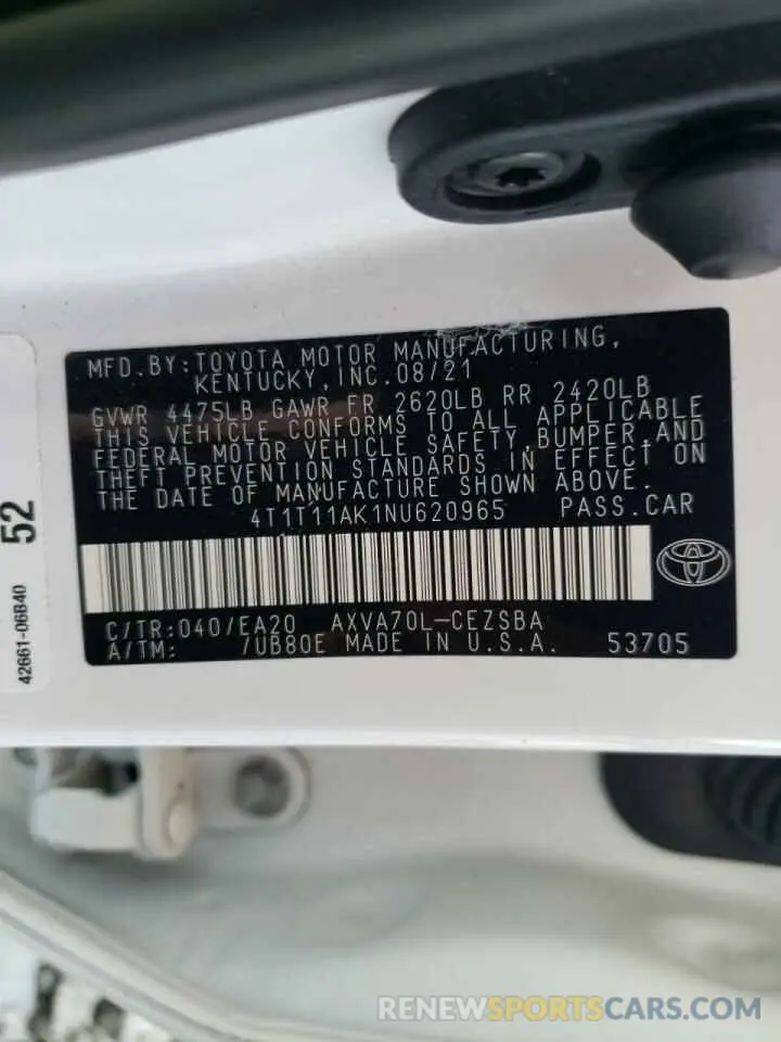 10 fotografías del automóvil dañado 4T1T11AK1NU620965 TOYOTA CAMRY 2022