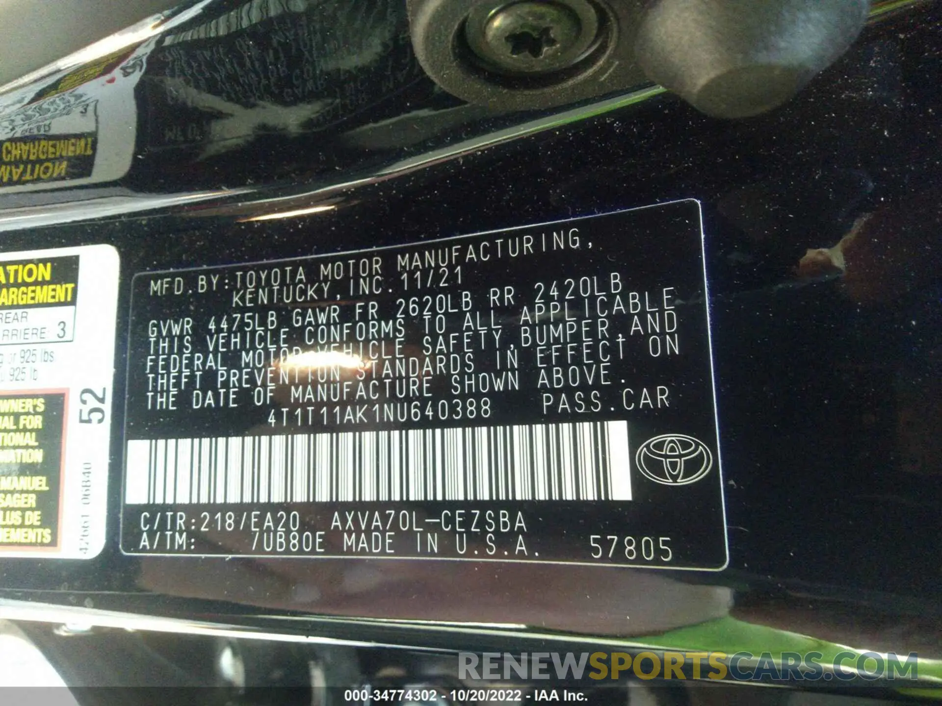 9 fotografías del automóvil dañado 4T1T11AK1NU640388 TOYOTA CAMRY 2022