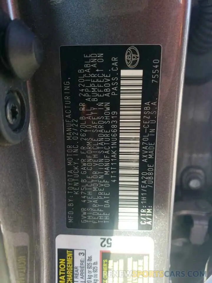 13 fotografías del automóvil dañado 4T1T11AK1NU668319 TOYOTA CAMRY 2022