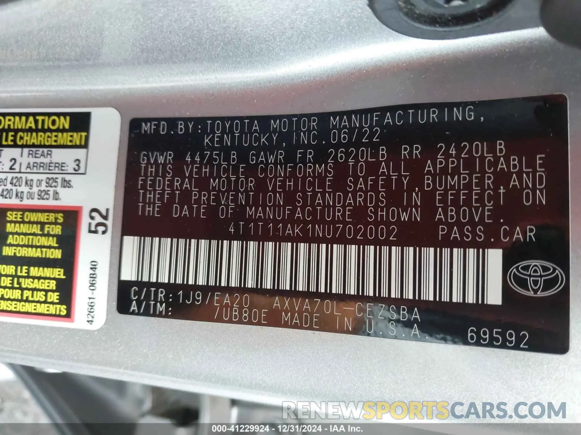 9 fotografías del automóvil dañado 4T1T11AK1NU702002 TOYOTA CAMRY 2022