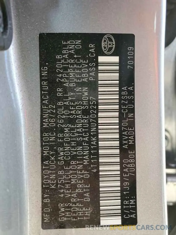 13 fotografías del automóvil dañado 4T1T11AK1NU702257 TOYOTA CAMRY 2022
