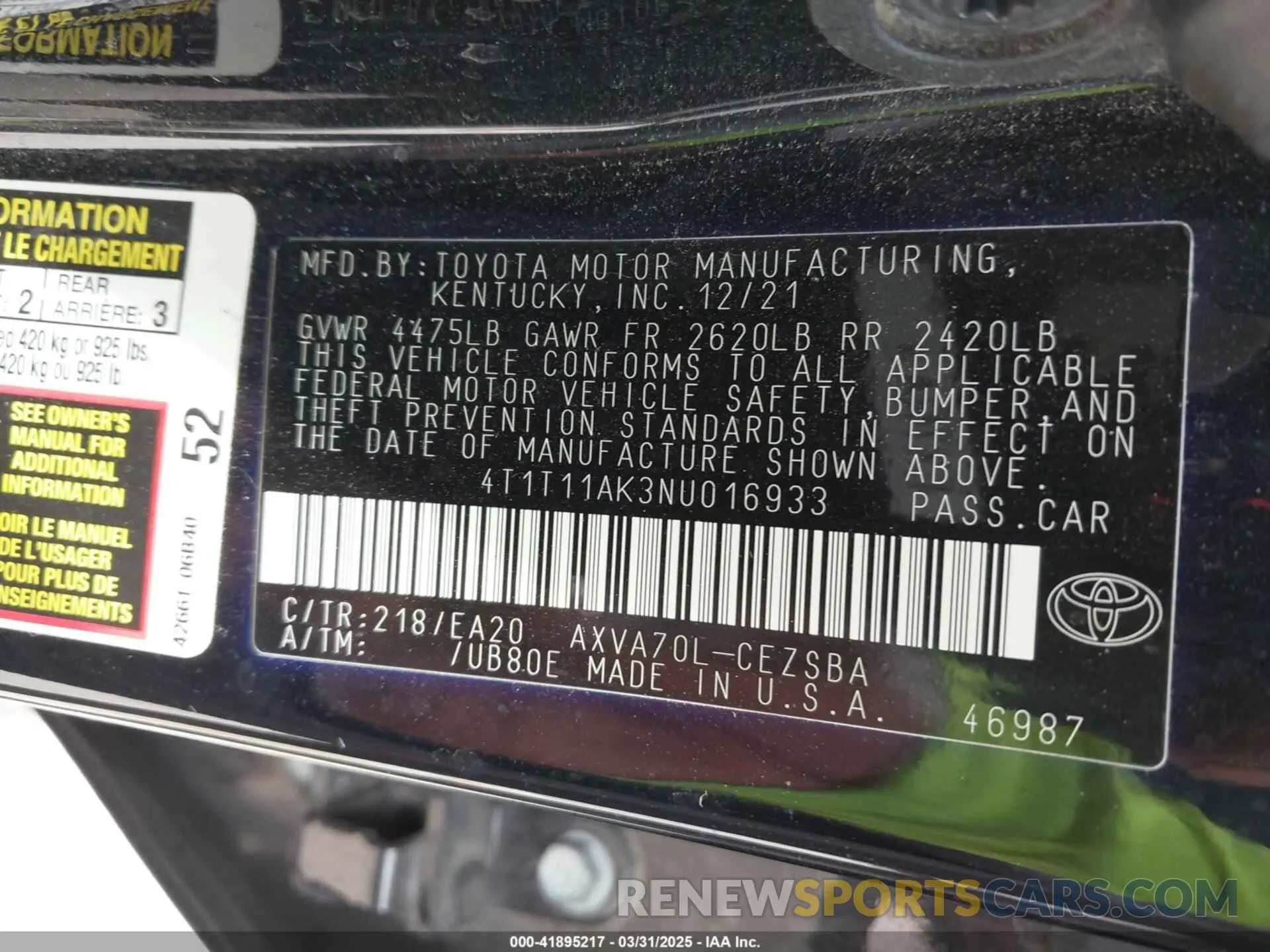 9 fotografías del automóvil dañado 4T1T11AK3NU016933 TOYOTA CAMRY 2022