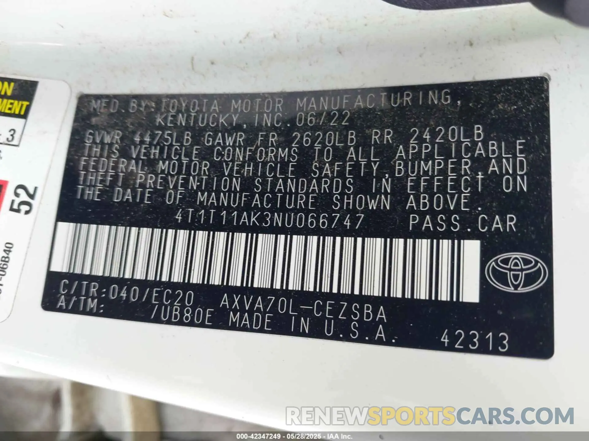 9 fotografías del automóvil dañado 4T1T11AK3NU066747 TOYOTA CAMRY 2022
