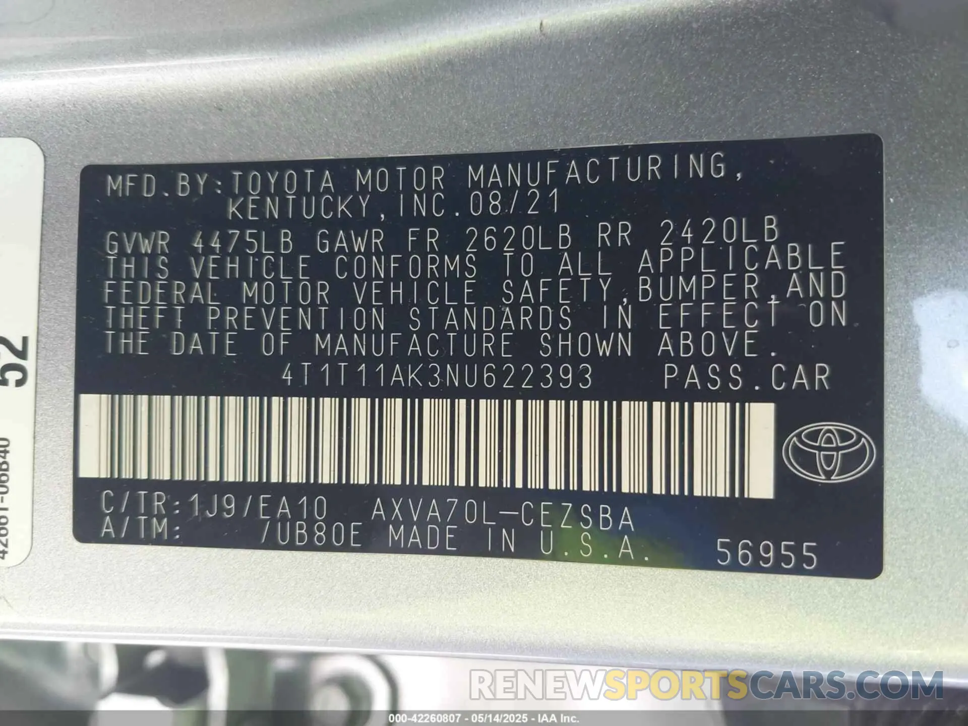 9 fotografías del automóvil dañado 4T1T11AK3NU622393 TOYOTA CAMRY 2022