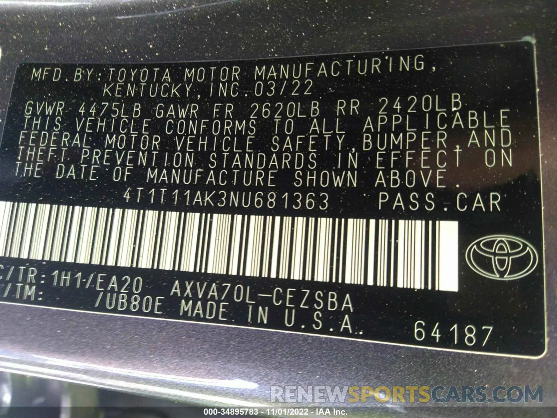 9 fotografías del automóvil dañado 4T1T11AK3NU681363 TOYOTA CAMRY 2022