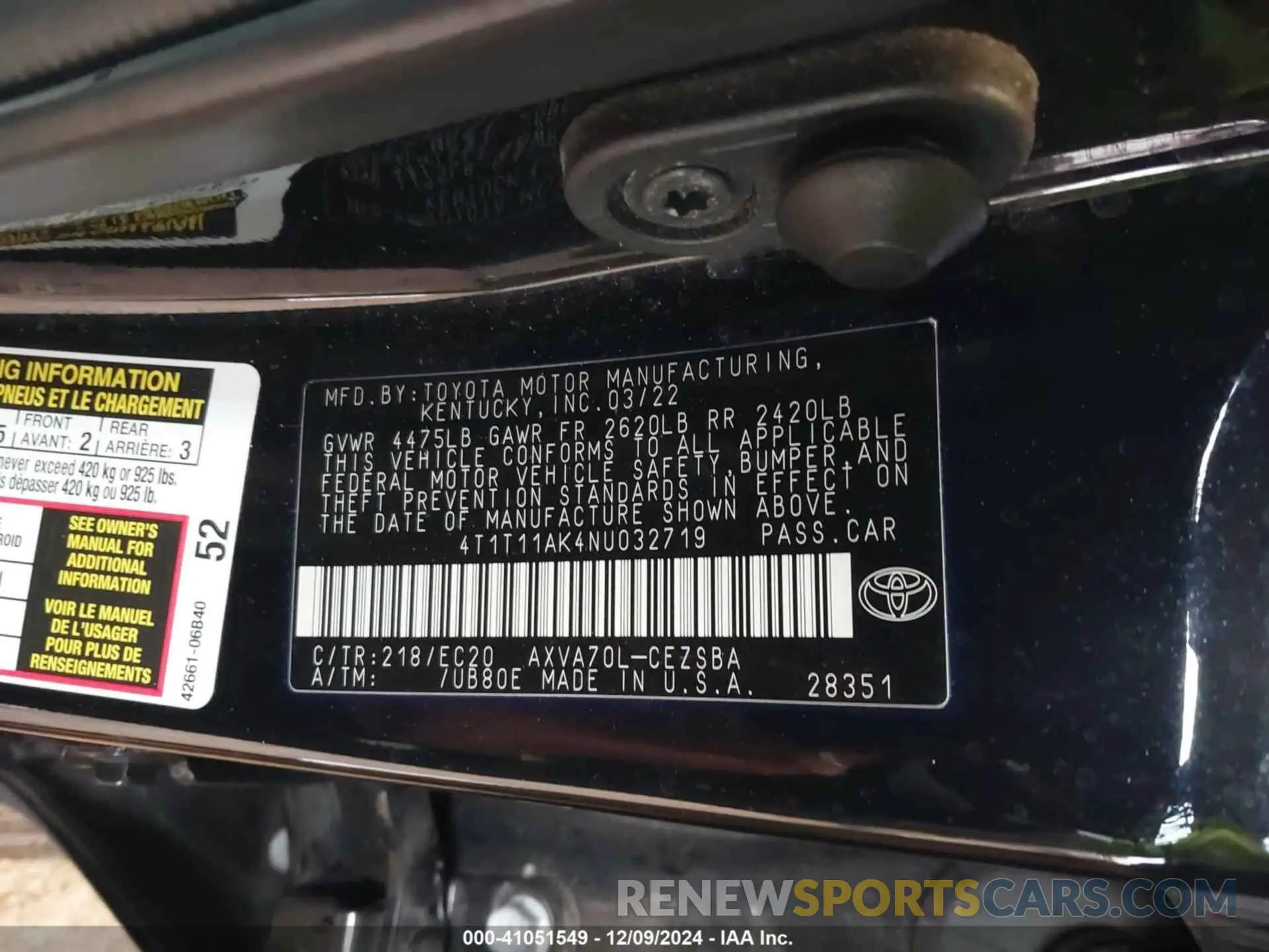 9 fotografías del automóvil dañado 4T1T11AK4NU032719 TOYOTA CAMRY 2022