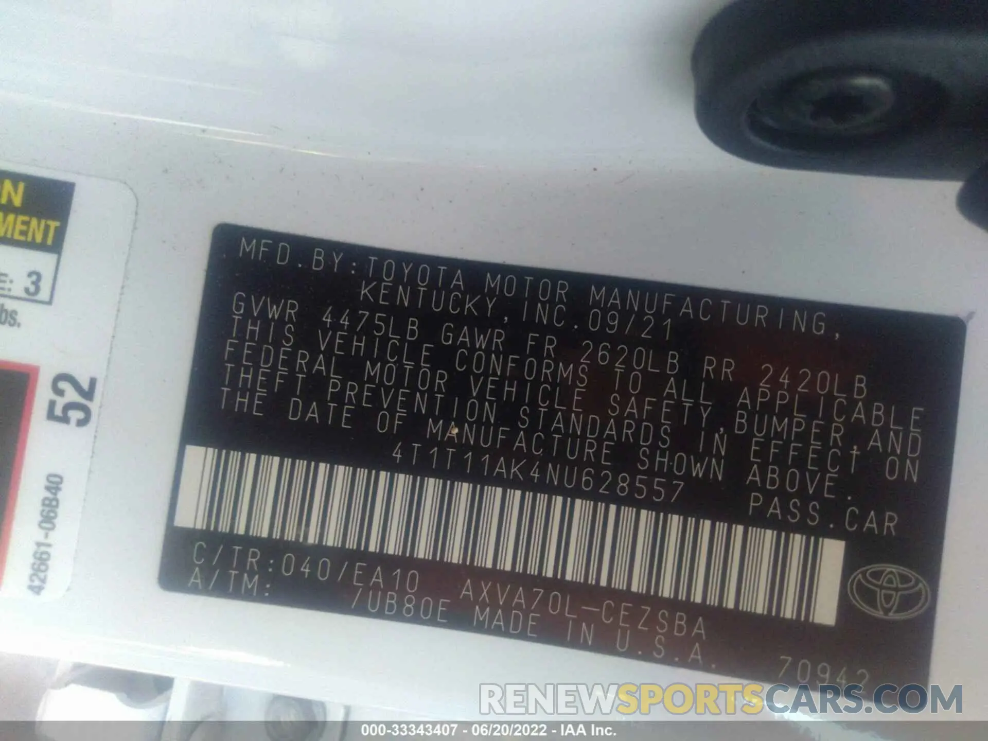 9 fotografías del automóvil dañado 4T1T11AK4NU628557 TOYOTA CAMRY 2022