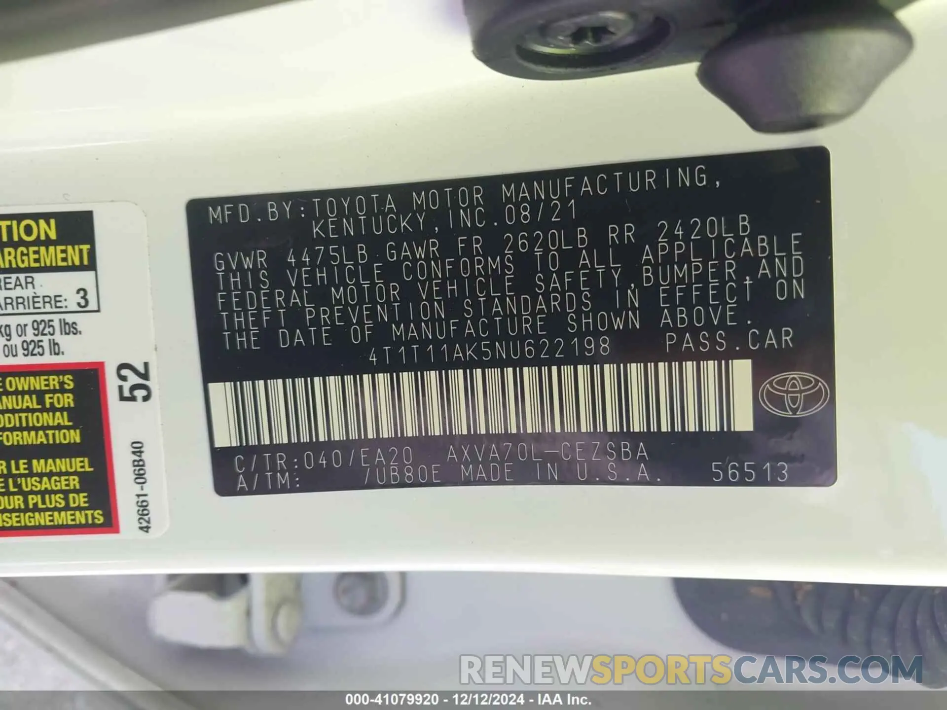 9 fotografías del automóvil dañado 4T1T11AK5NU622198 TOYOTA CAMRY 2022
