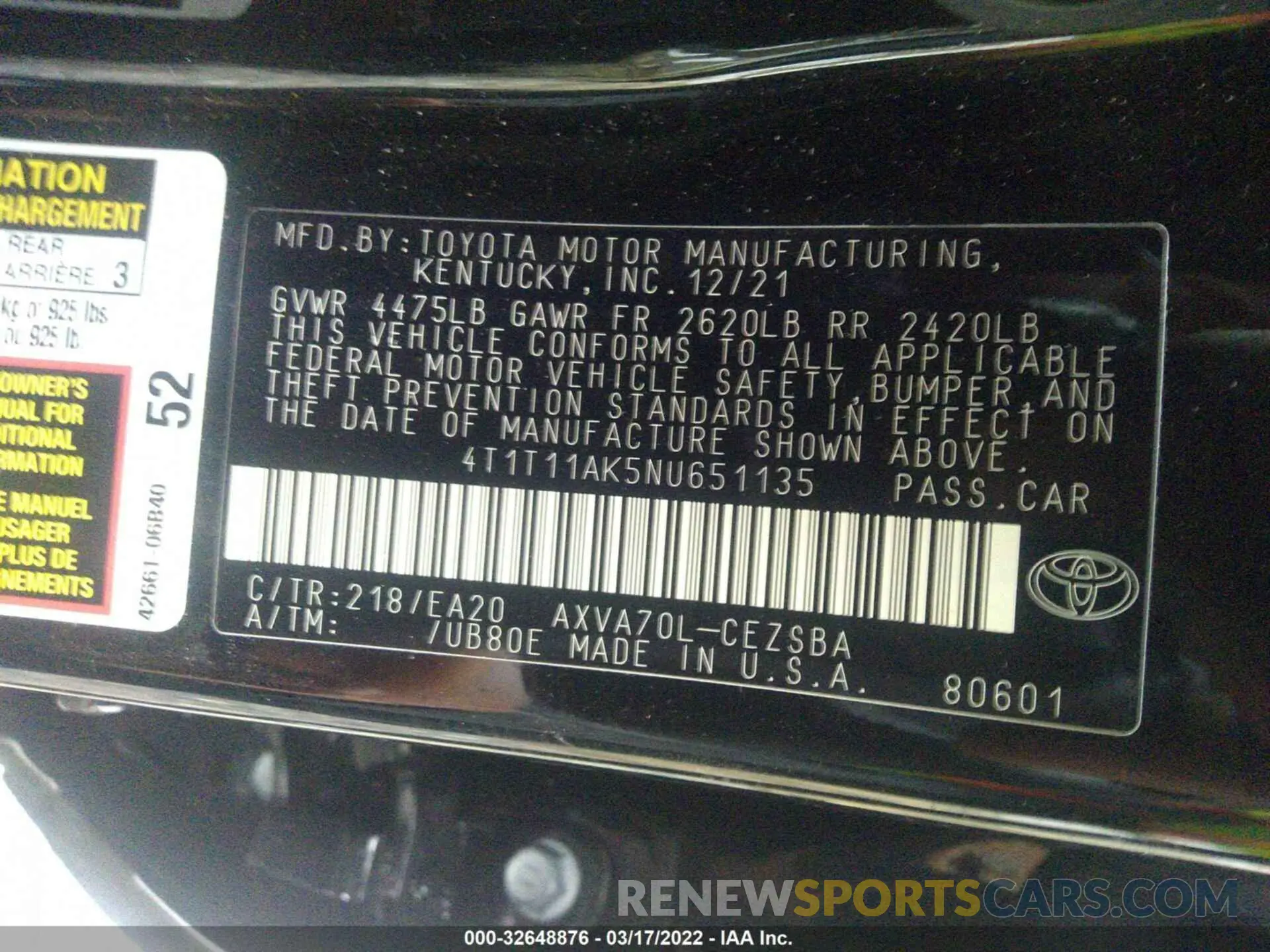 9 fotografías del automóvil dañado 4T1T11AK5NU651135 TOYOTA CAMRY 2022