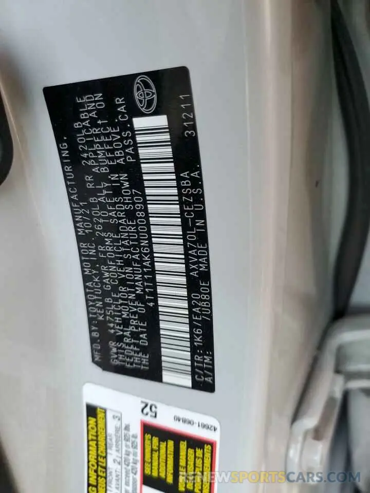 12 fotografías del automóvil dañado 4T1T11AK6NU008907 TOYOTA CAMRY 2022