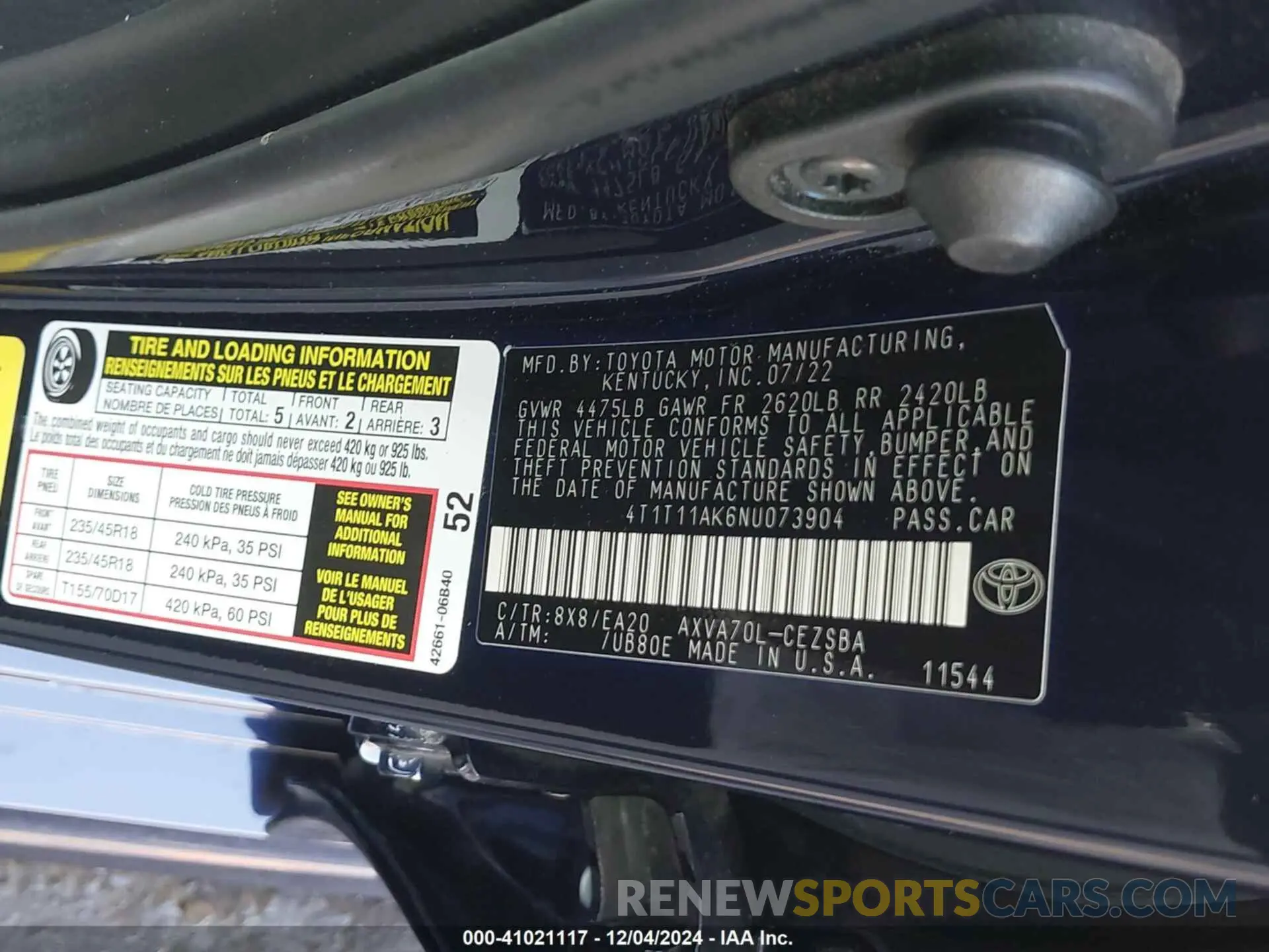 9 fotografías del automóvil dañado 4T1T11AK6NU073904 TOYOTA CAMRY 2022