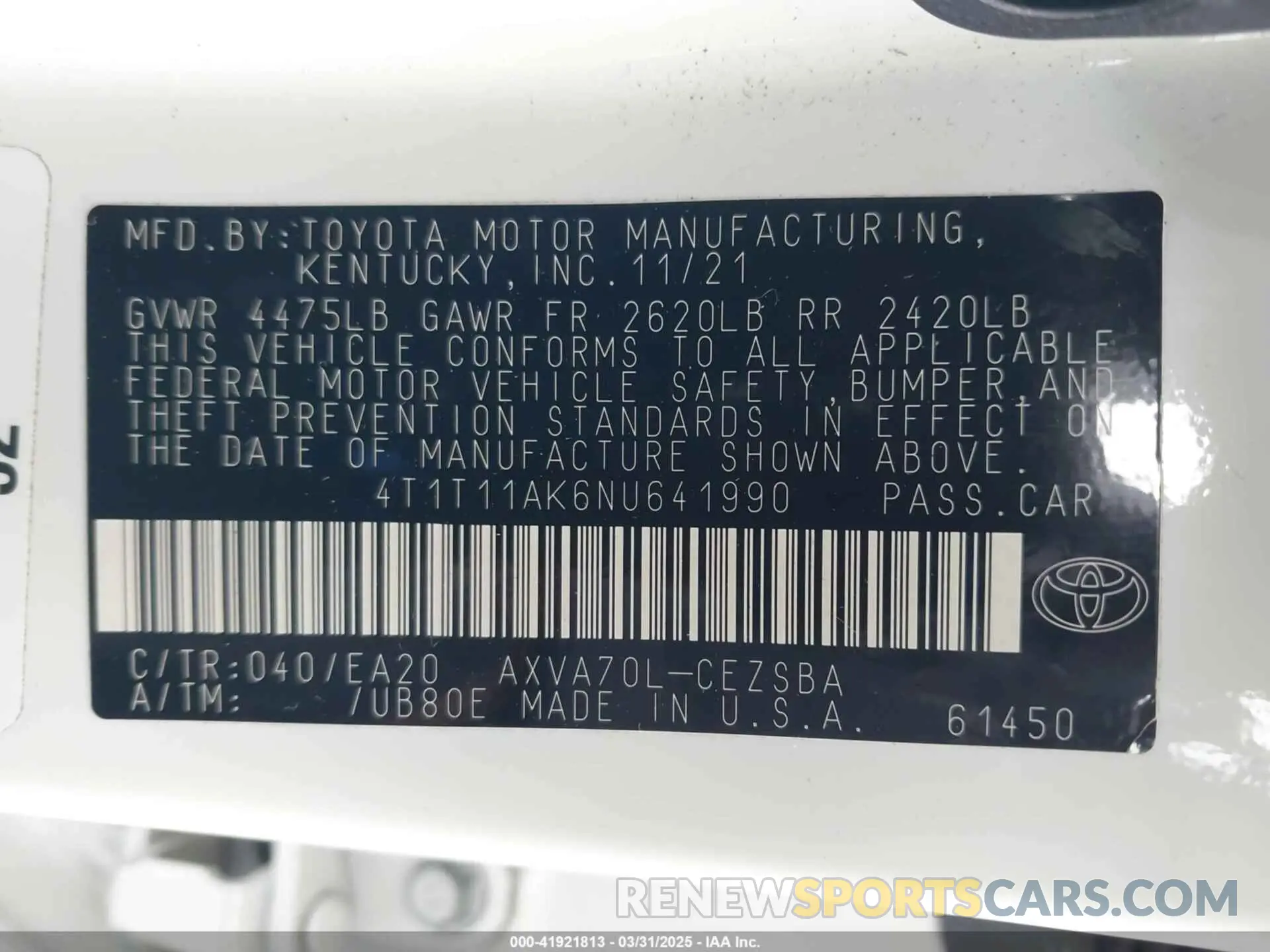 9 fotografías del automóvil dañado 4T1T11AK6NU641990 TOYOTA CAMRY 2022