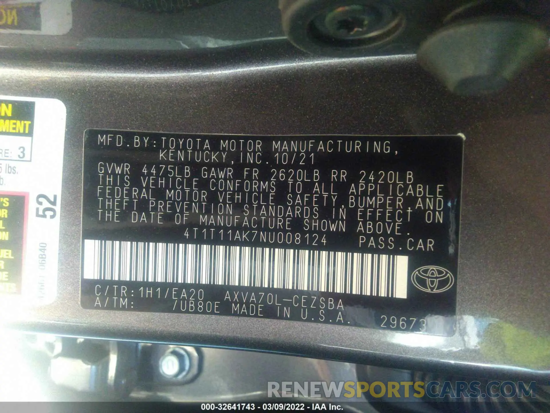 9 fotografías del automóvil dañado 4T1T11AK7NU008124 TOYOTA CAMRY 2022