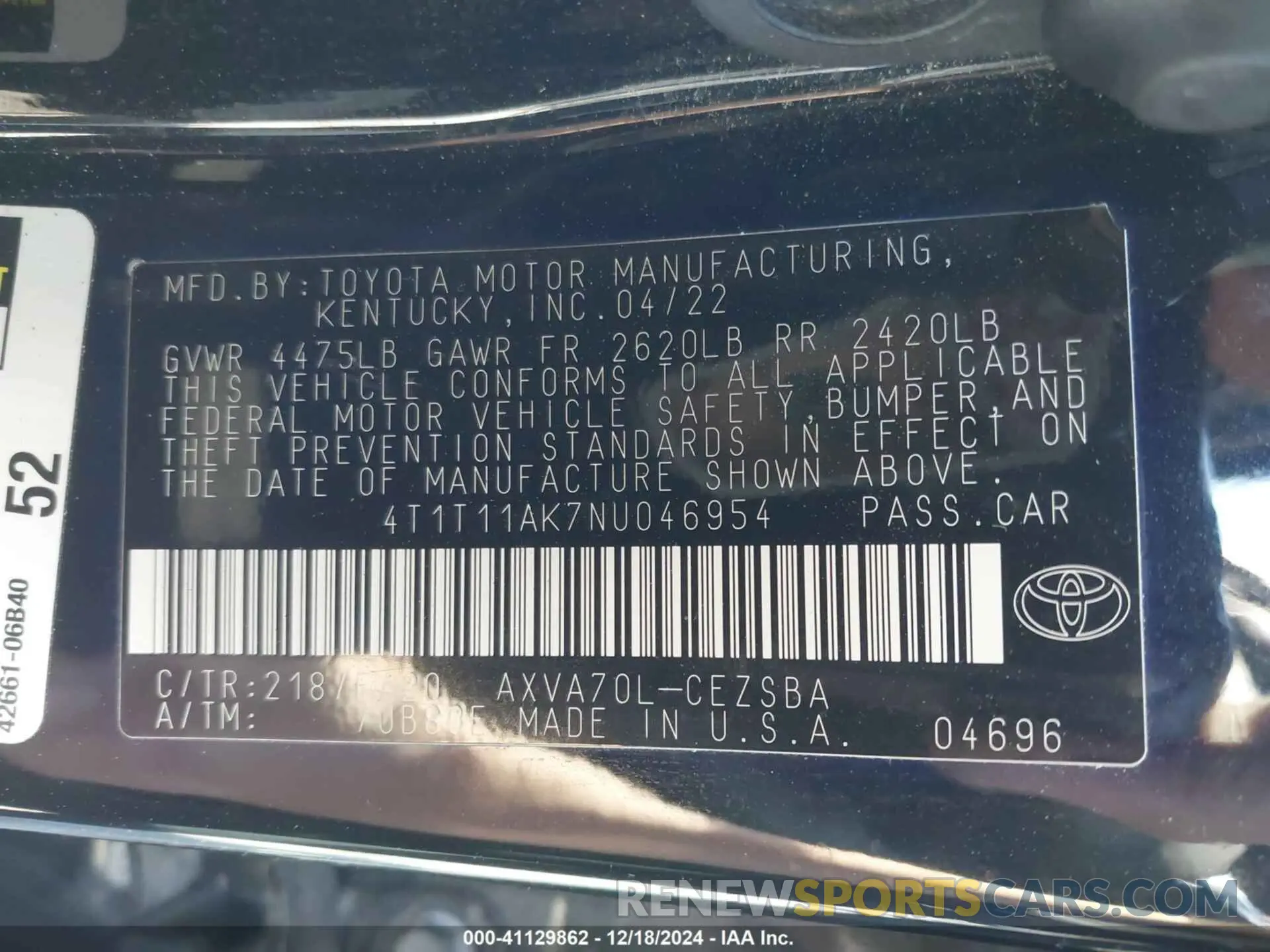 9 fotografías del automóvil dañado 4T1T11AK7NU046954 TOYOTA CAMRY 2022