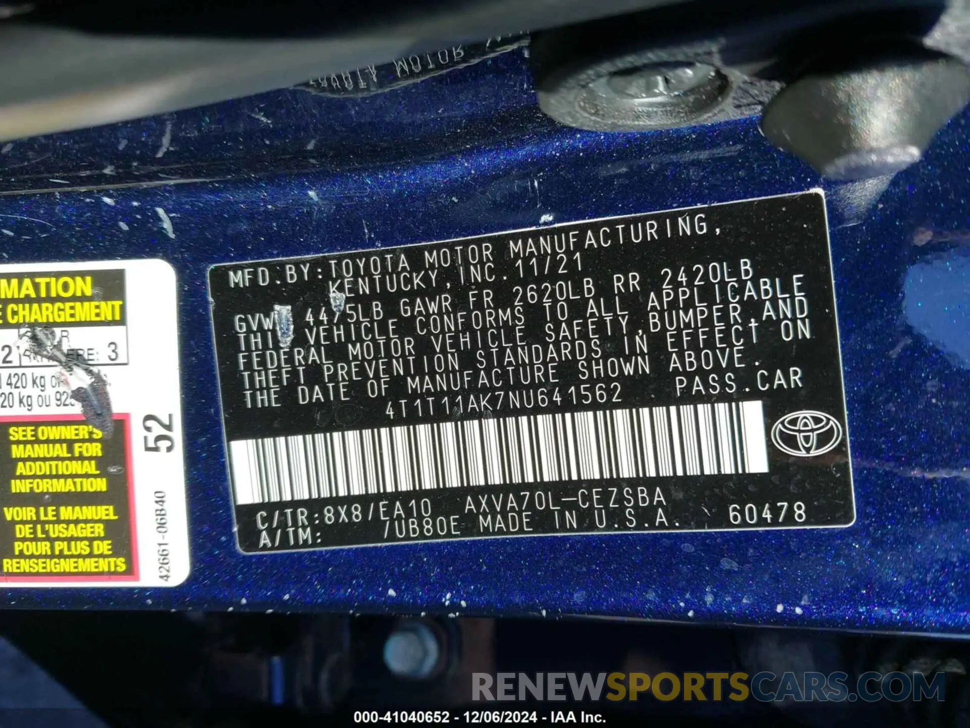 9 fotografías del automóvil dañado 4T1T11AK7NU641562 TOYOTA CAMRY 2022