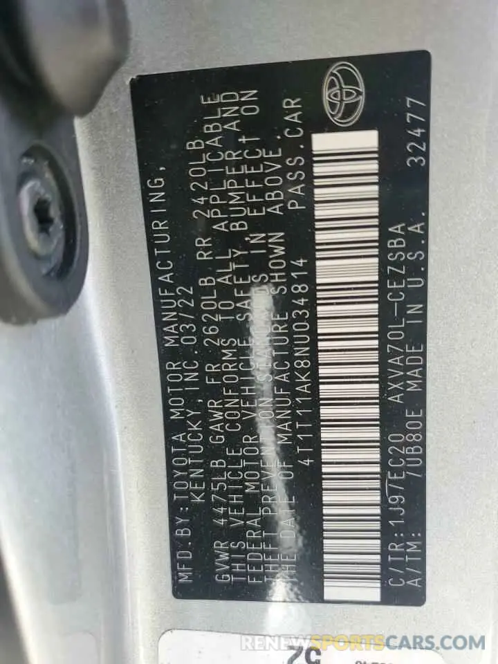 12 fotografías del automóvil dañado 4T1T11AK8NU034814 TOYOTA CAMRY 2022