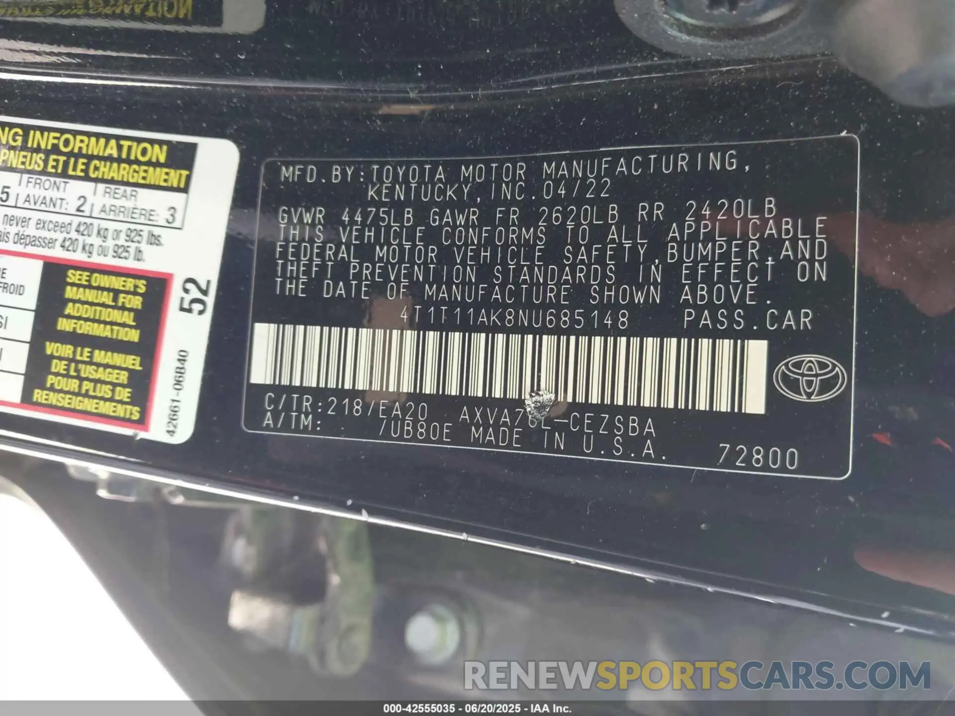 9 fotografías del automóvil dañado 4T1T11AK8NU685148 TOYOTA CAMRY 2022