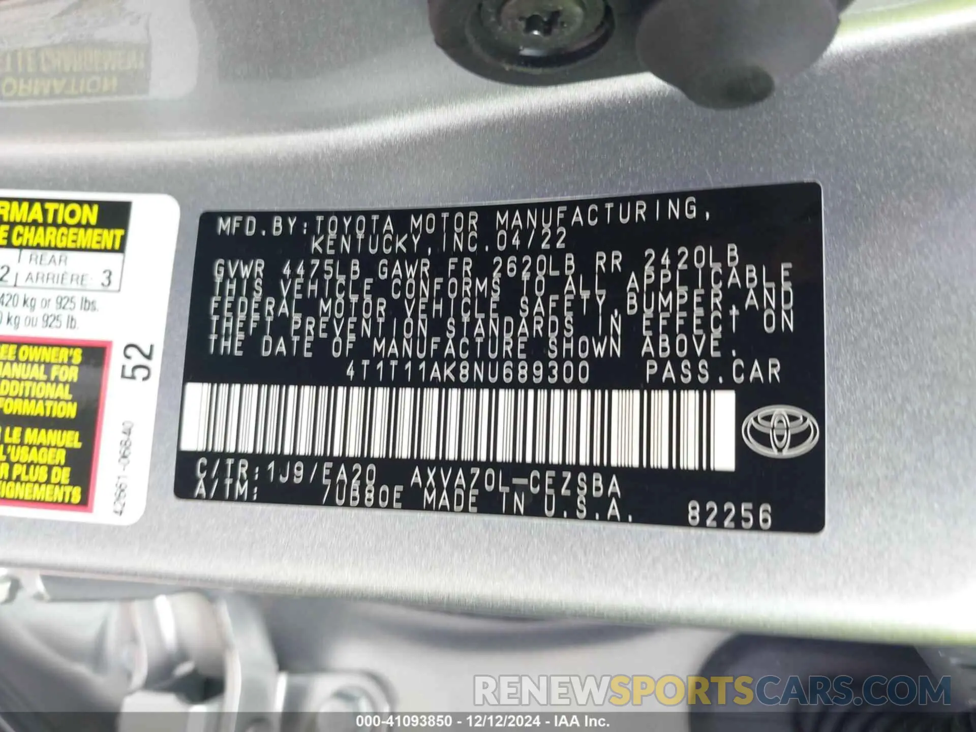 9 fotografías del automóvil dañado 4T1T11AK8NU689300 TOYOTA CAMRY 2022