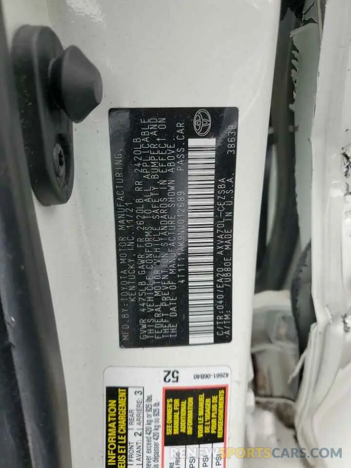 12 fotografías del automóvil dañado 4T1T11AK9NU012689 TOYOTA CAMRY 2022