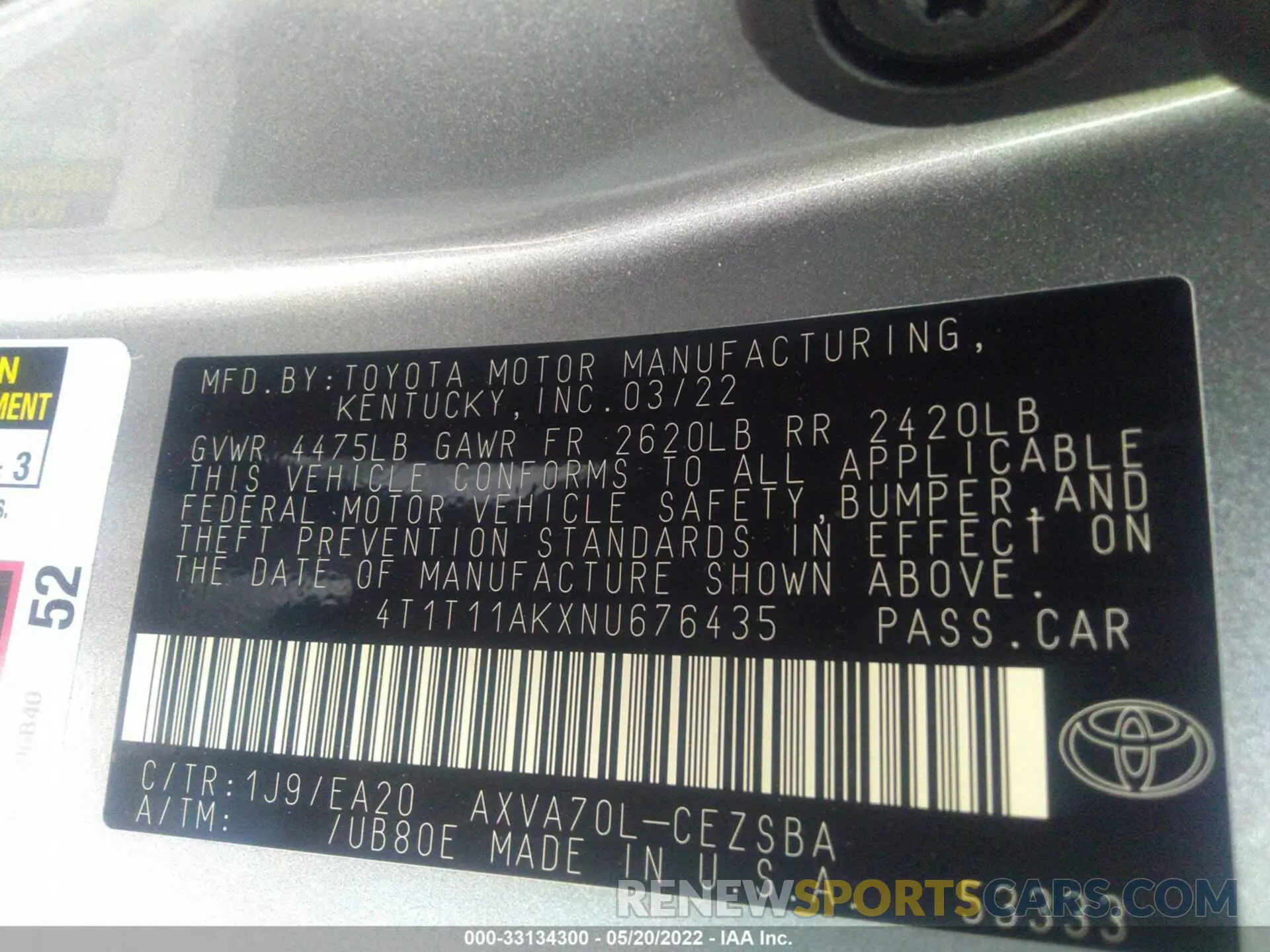 9 fotografías del automóvil dañado 4T1T11AKXNU676435 TOYOTA CAMRY 2022