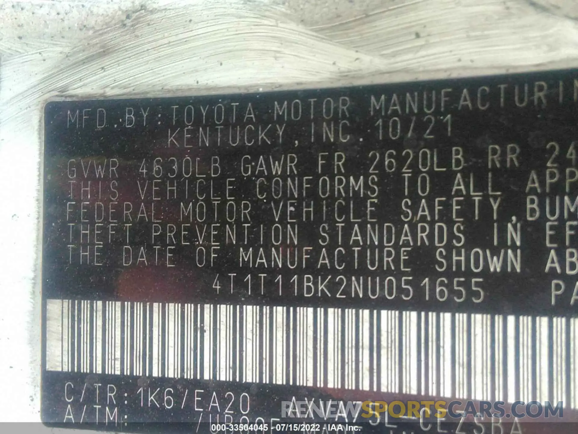 9 fotografías del automóvil dañado 4T1T11BK2NU051655 TOYOTA CAMRY 2022