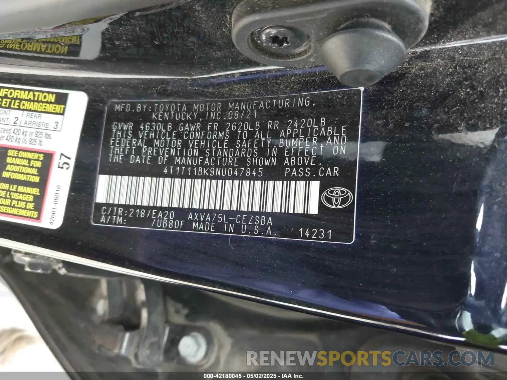 9 fotografías del automóvil dañado 4T1T11BK9NU047845 TOYOTA CAMRY 2022