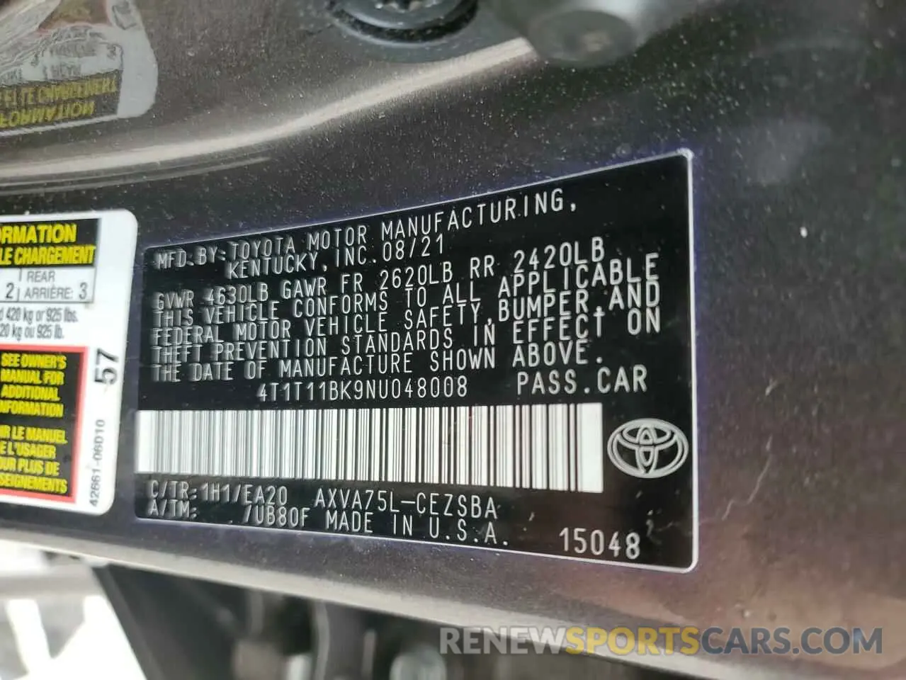 12 fotografías del automóvil dañado 4T1T11BK9NU048008 TOYOTA CAMRY 2022