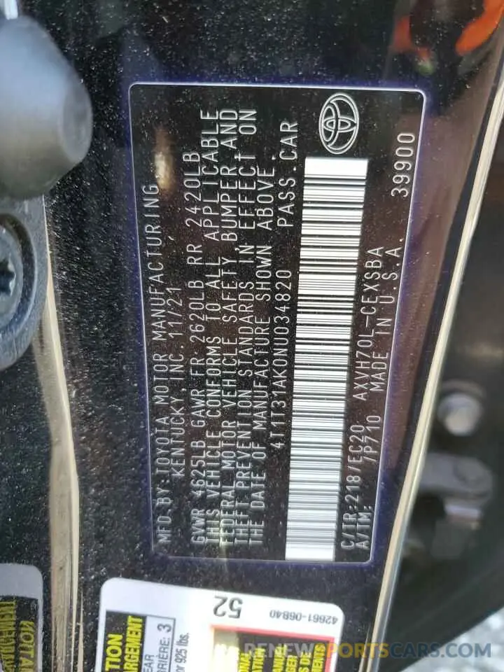 13 fotografías del automóvil dañado 4T1T31AK0NU034820 TOYOTA CAMRY 2022