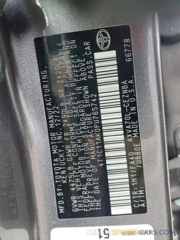 12 fotografías del automóvil dañado 4T1C11AK0PU765742 TOYOTA CAMRY 2023