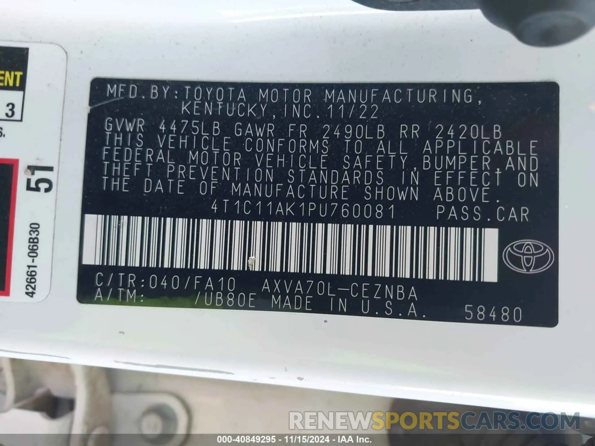 9 fotografías del automóvil dañado 4T1C11AK1PU760081 TOYOTA CAMRY 2023